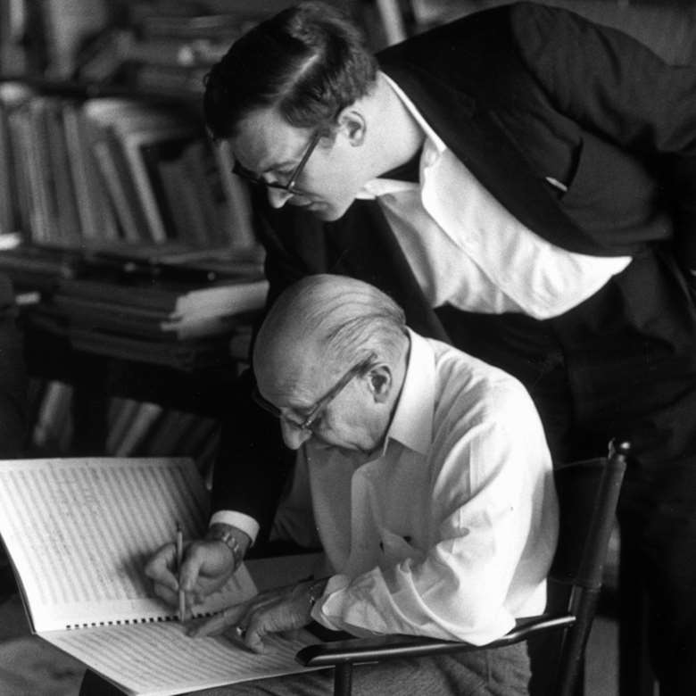 Robert Craft with Igor Stravinsky and the score of The Flood in 1962 (Photo: Getty Images)