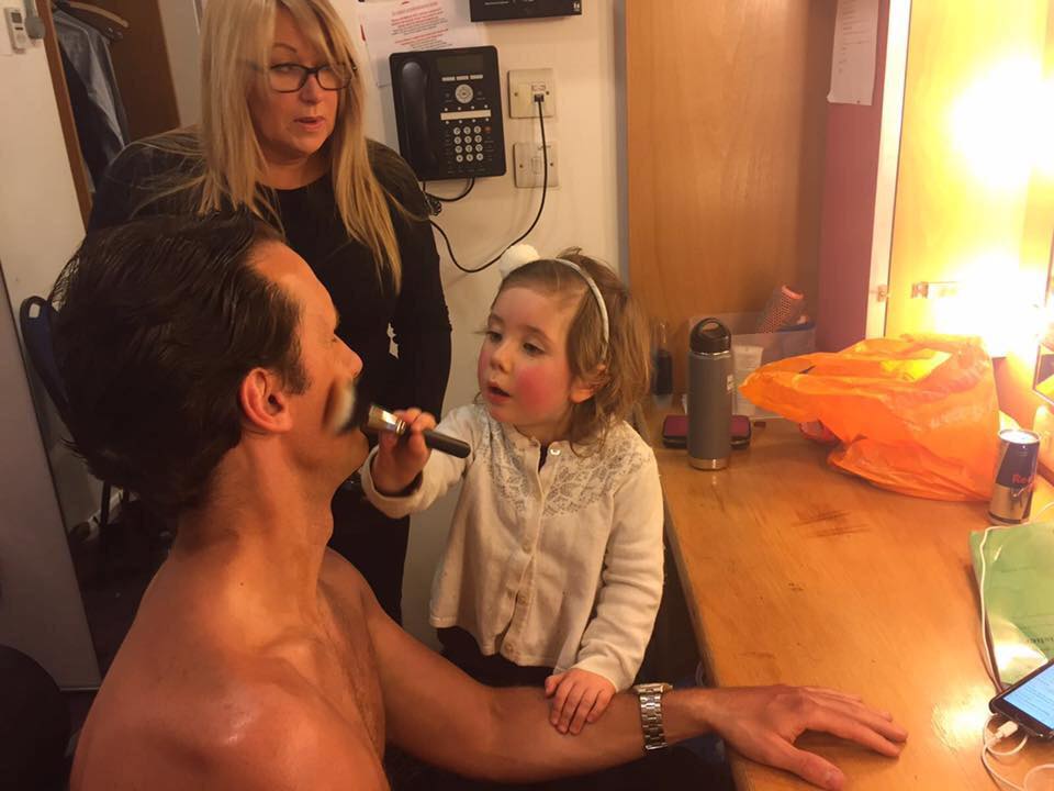 Baritone Jacques Imbrailo receives the finishing touches to his makeup in the dressing room at English National Opera before his performance in The Pearl Fishers