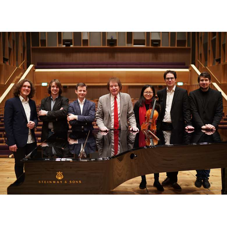 Julian Lloyd Webber and the six students who will launch the conservatoire's Naxos series