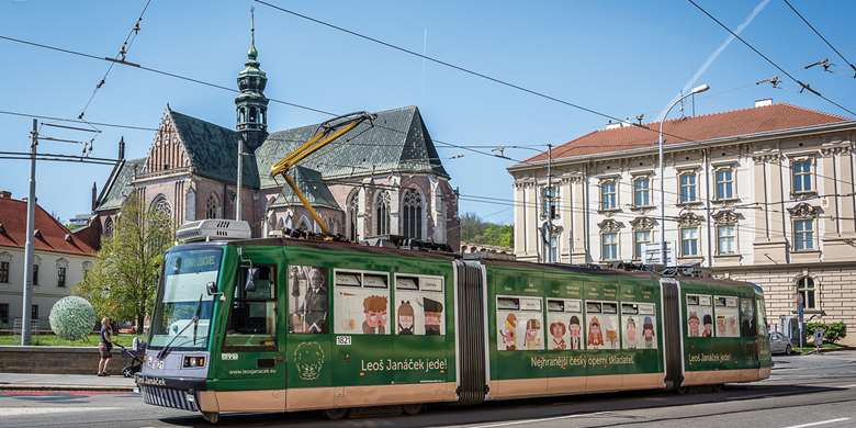 One of Brno’s newly painted trams, depicting characters from Janáček’s operas