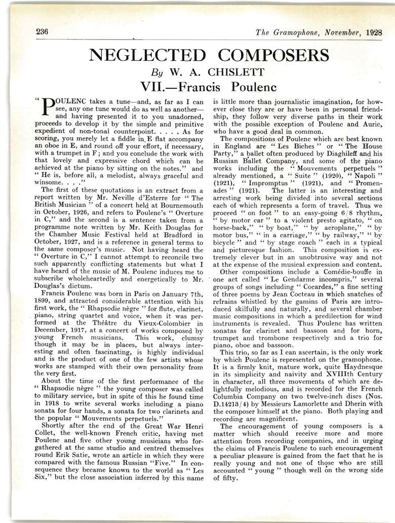 Neglected Composers: Francis Poulenc, by WA Chislett (Gramophone, November 1928)