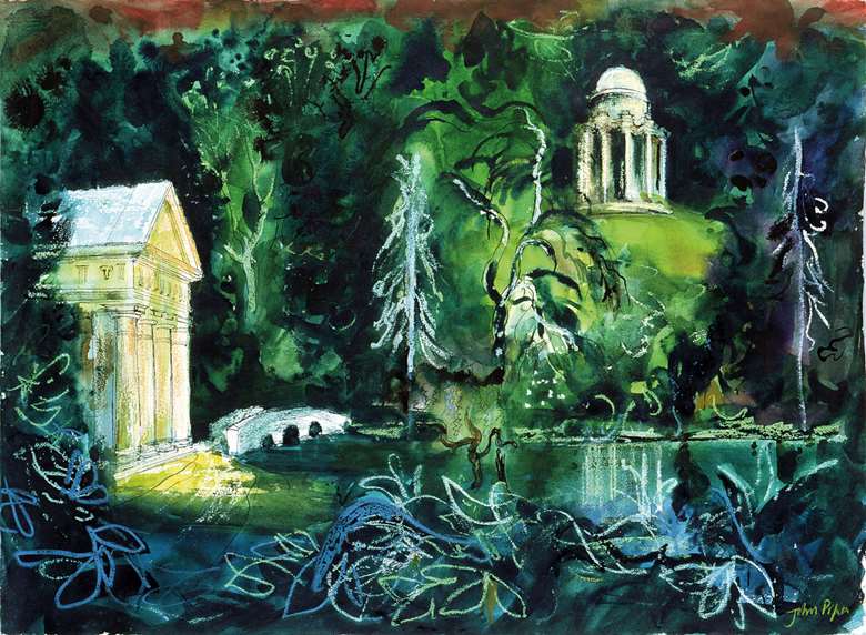 ‘Stourhead, 1981, the Temple of Flora, Bridge and Temple of the Sun’ by John Piper (1903-92); he and his librettist wife Myfanwy were close friends of Britten (Bridgeman Images)