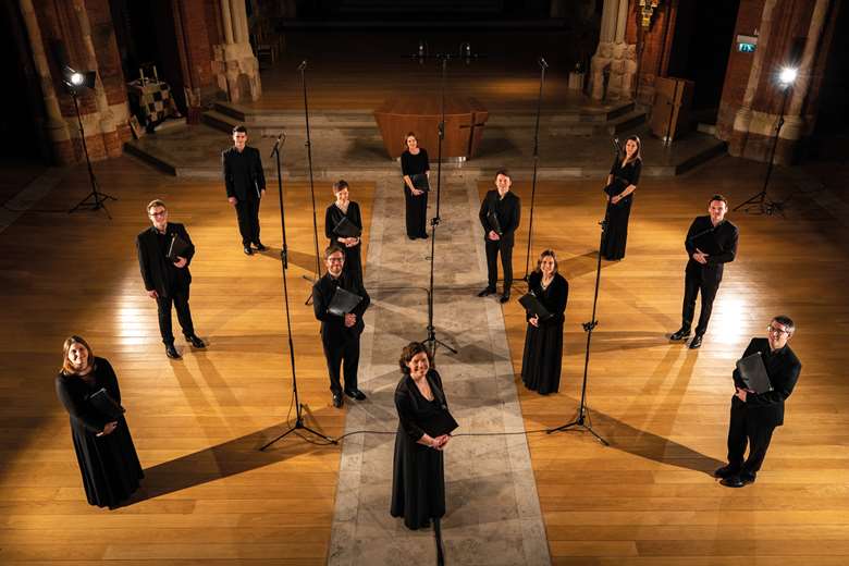Stile Antico amid the microphones which capture ‘a gentle surround-sound perspective which places the listener, as it were, slightly above the singers’