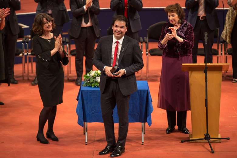 Alim Beysembayev, receiving First Prize at The Leeds International Piano Competition (photo: Nabin Maharjan Soul and Co)