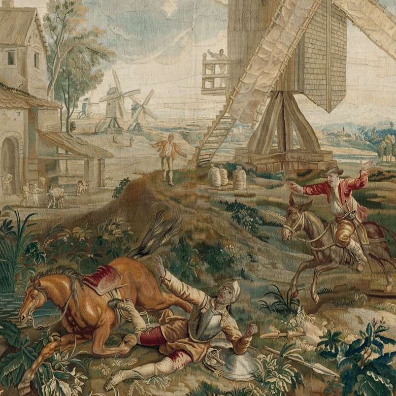 ‘Don Quixote Fighting the Windmill’: tapestry of wool and silk originating from the workshop of the Leyniers family in Brussels in the 17th/18th century (photography: Detroit Institute of Arts/Bridgeman Images)