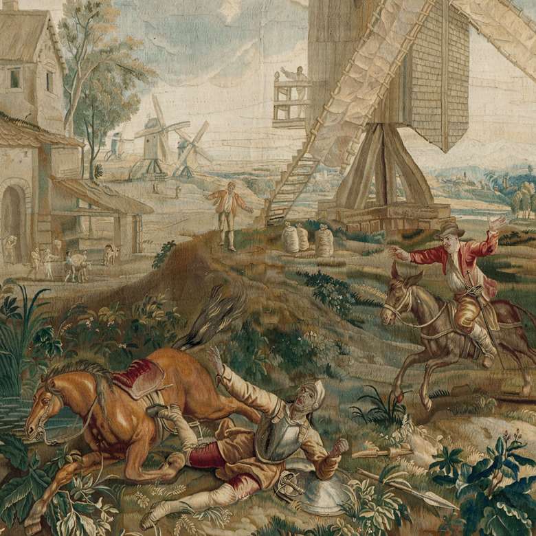 ‘Don Quixote Fighting the Windmill’: tapestry of wool and silk originating from the workshop of the Leyniers family in Brussels in the 17th/18th century (photography: Detroit Institute of Arts/Bridgeman Images)