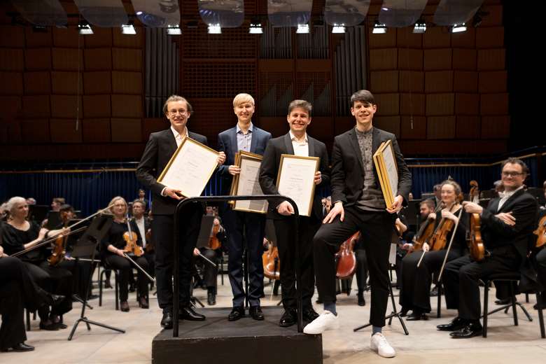 The four Carl Nielsen International Competition winners: Bohdan Luts and Hans Christian Aavik, joint first prize (violin), Alberto Navarra (clarinet) and Oleg Shebeta-Dragan (clarinet). (Photo: Morten Kjærgaard)
