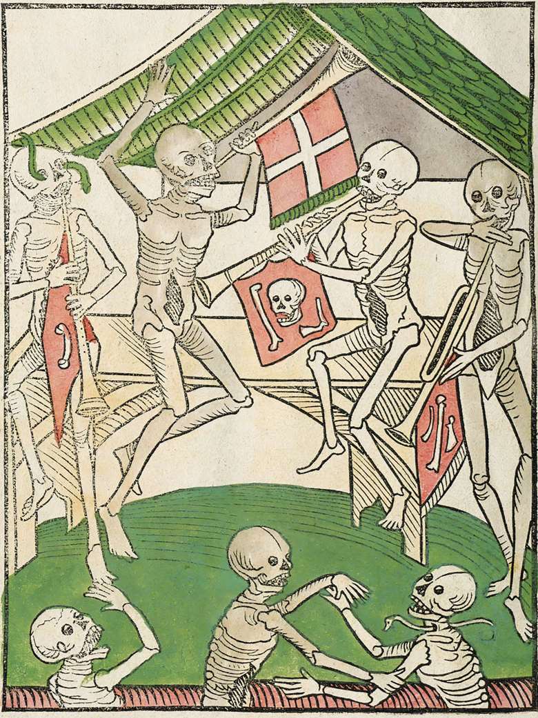 An illustration from The Middle Rhenish Totentanz (Dance of Death) – a book of texts and pictures published by Heinrich Knoblochtzer in c1450 (photography: history docu photo/Alamy Stock Photo)