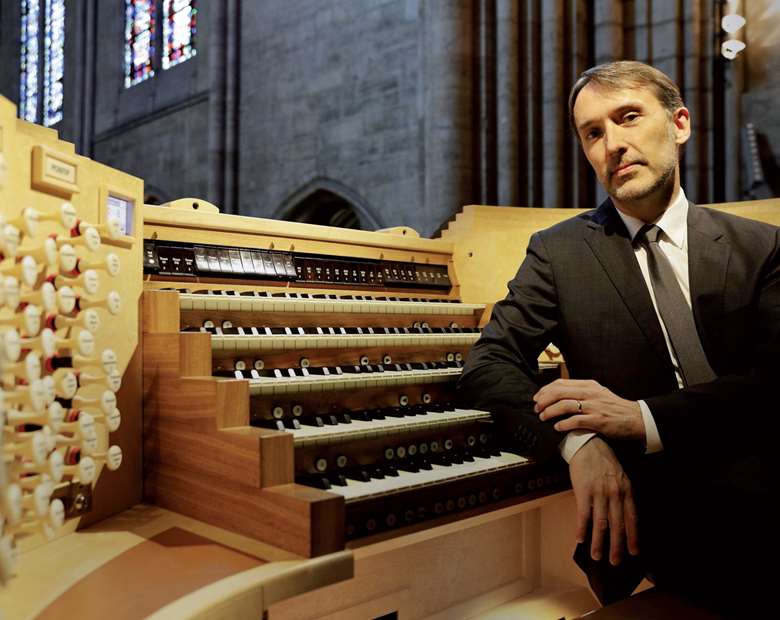  Olivier Latry at the console of Notre-Dame de Paris, where the organ will be reinstalled during 2023 for the cathedral's reopening in December 2024
