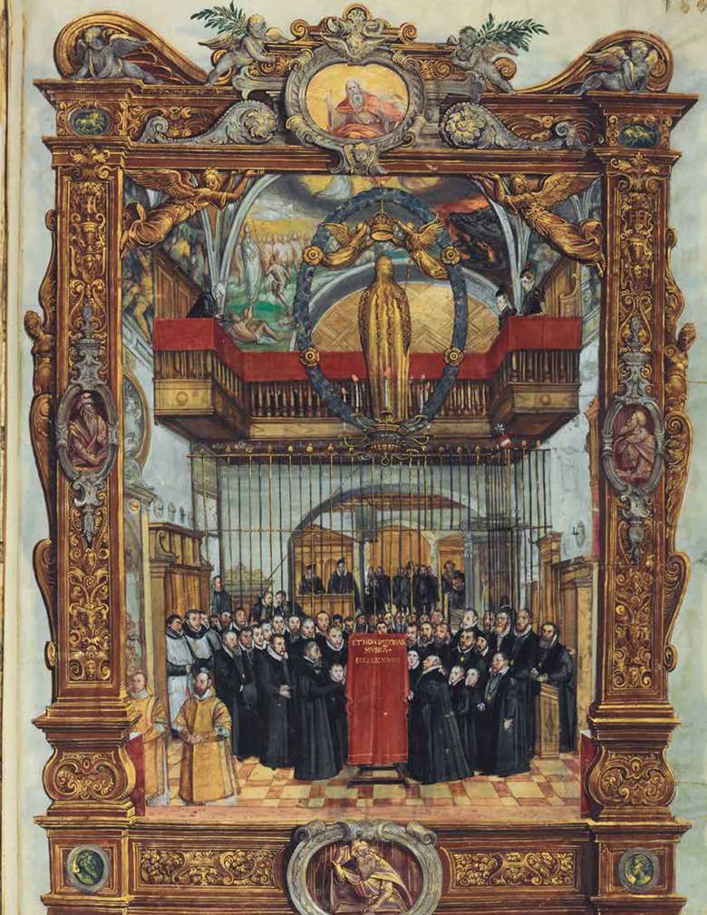  Orlandus Lassus directs the Bavarian court Kapelle. The red cloth draped over the choirbook lectern carries a quotation on etiquette from Ecclesiasticus 28:3: ‘Don't interrupt the music’