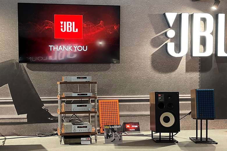 JBL's listening room, where the company demonstrated its latest models 