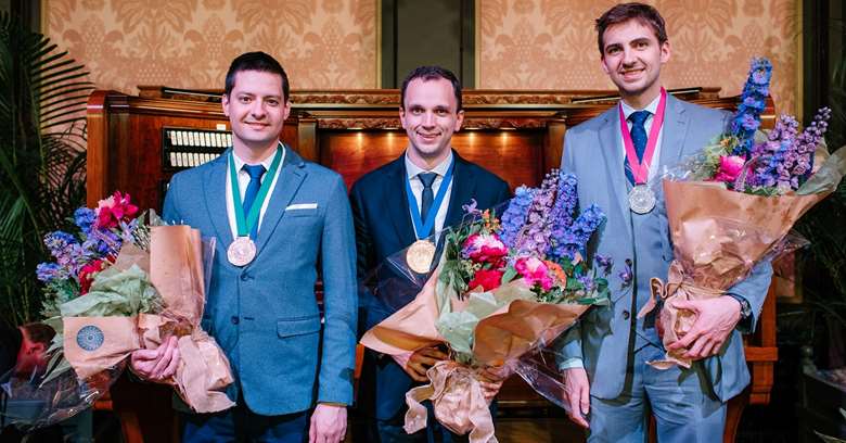 Top finalists in the Longwood Gardens International Organ Competition included (from left) Ádám Tabajdi, Bryan Anderson, and Colin MacKnight