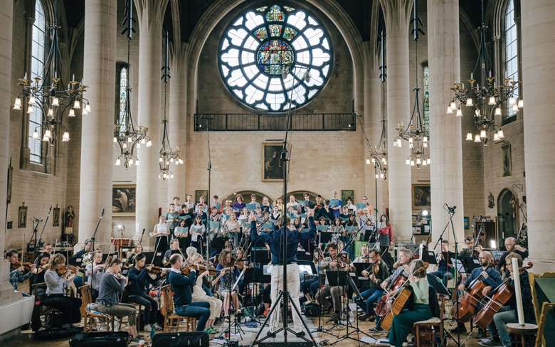 Benjamin Nicholas conducts ‘Orchestral Anthems’ sessions, All Hallows’ Gospel Oak, London (photography: foxbrush.co.uk)