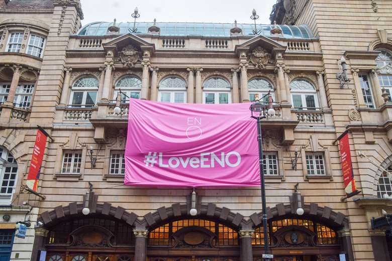 A banner saying #LoveENO hung outside the London Coliseum