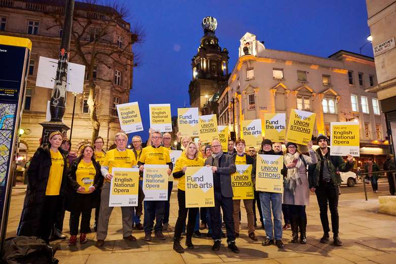 Musicians and music staff taking industrial action at ENO last month, supported by MU General Secretary Naomi Pohl, TUC General Secretary Paul Nowak and Union staff 