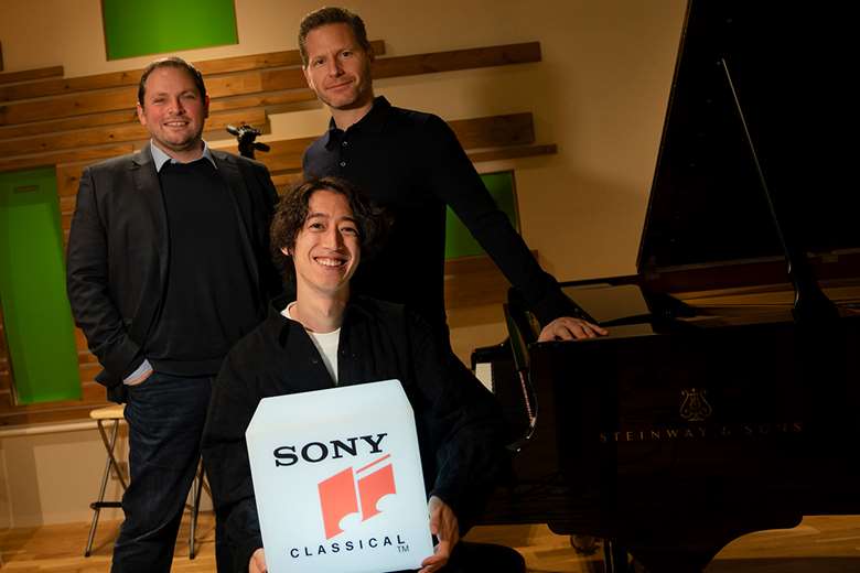 Hayato Sumino at the signing, with Sony Classical President Per Hauber (right) and Alexander Buhr, SVP International A&R (photo: Becca Wheeler)