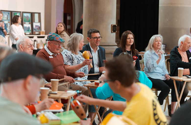 Mayor of Greater Manchester Andy Burnham at the Manchester Camerata’s 'Music in Mind' music café at The Monastery in Gorton