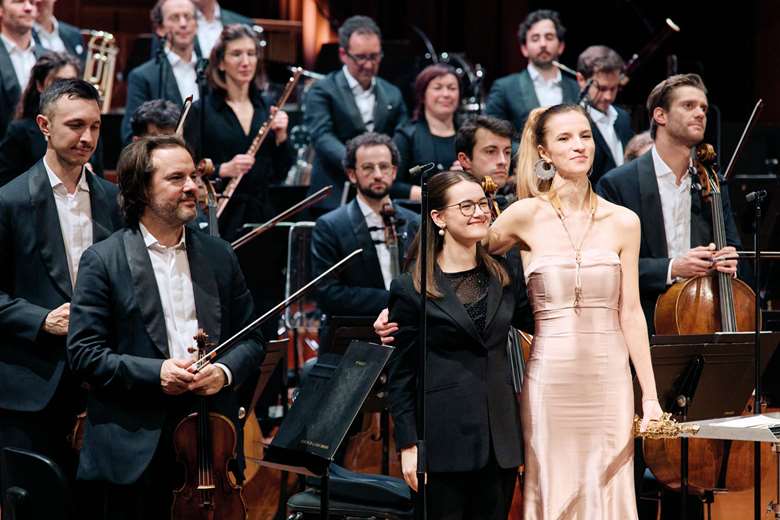 Conductor Zofia Kiniorska and saxophonist Valentine Michaud after their performance of Anne Clyne’s Glasslands with the OSR (PHOTOGRAPHY: DOUGADOS MAGALI-OSR)